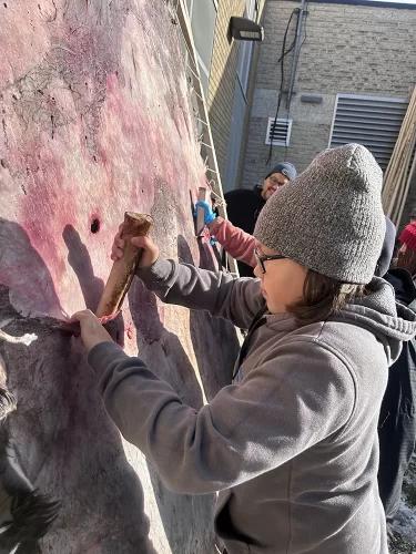 Student uses a bone knife to clean a hide